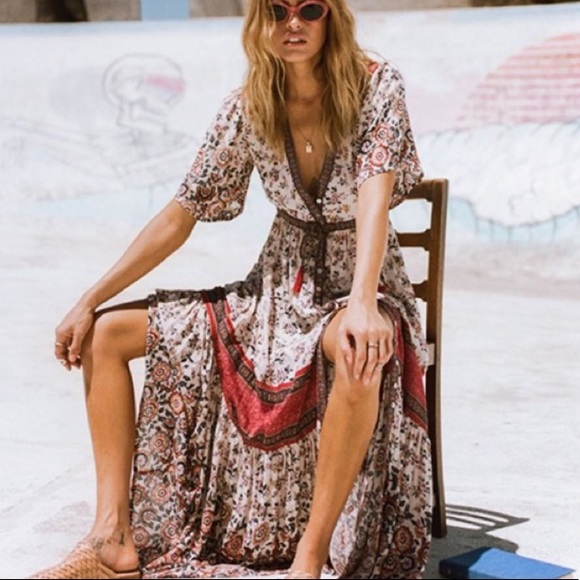 Boho Maxi Gown DRESS Rosewood Floral Elle Red Blue - Picture 3 of 6